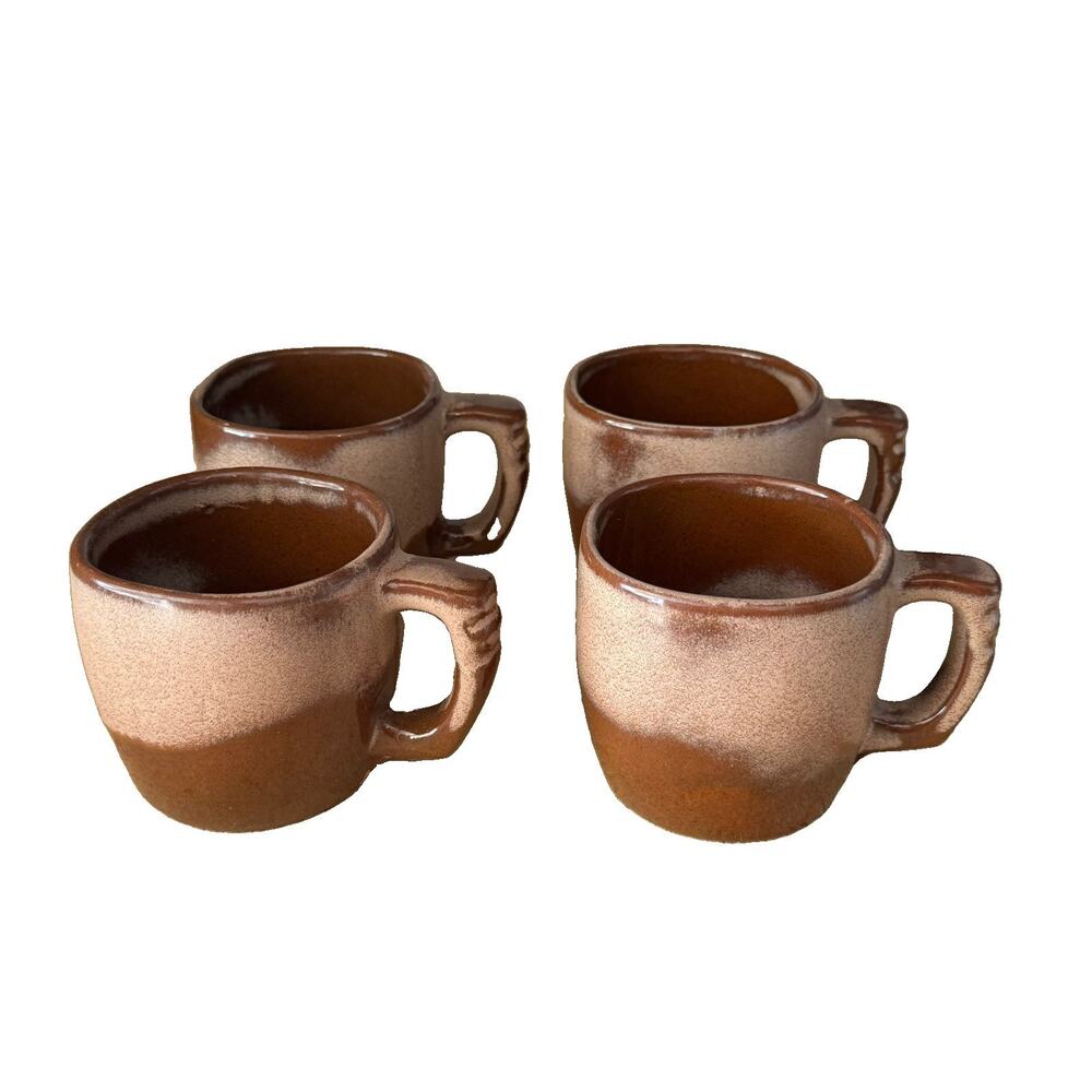 Four Vintage Marked "Frankoma 5C" Mugs Brown Satin Plainsman Set of 4